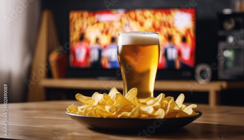 glass of Beer and bowl of chips set on football match tv background at home
