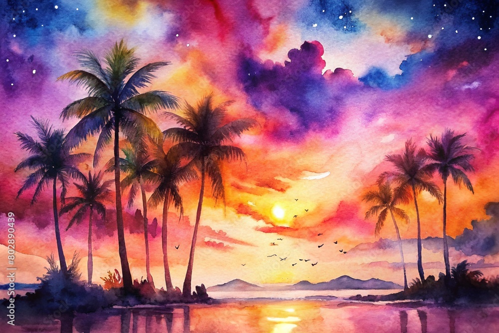 Tropical Sunset: Warm tones of oranges, pinks, and purples blending together like a tropical sunset, with bold splatters adding a burst of energy and warmth.
