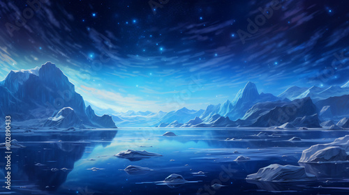 Arctic landscape with blue starry sky