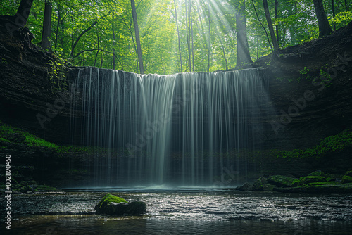 Sunlit waterfall in a lush green forest with blooming flowers and tranquil pond  generative ai