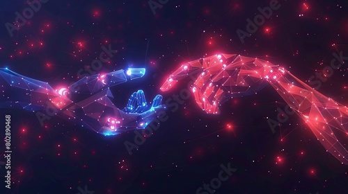 3D polygonal vector illustration depicting a robot hand and a human hand clasping a processor, symbolizing artificial intelligence, technology, machine learning, and neural networks.