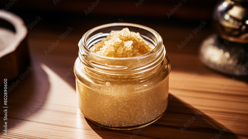 Body scrub in a jar, macro cosmetics product Body scrub in a jar, macro cosmetics product