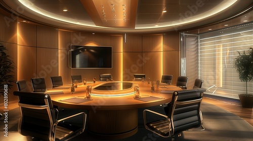 Corporate office conference room with a large conference table and multimedia setup.