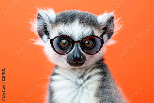 Charming lemur posing in stylish glasses against a bright orange background. © Anna