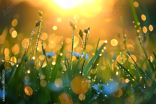 Fresh spring meadow dew glistening at dawn