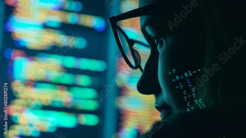 Data scientist , big data , artificial intelligence , machine learning technology concept. Silhouette glasses in front of laptop computer screen with programming coded