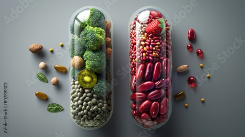 Two capsules of natural foods filled with fruits and nuts on a table. Healthy eating concept © Crazy Dark Queen