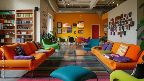 Creative design studio with colorful furniture and inspirational quotes.