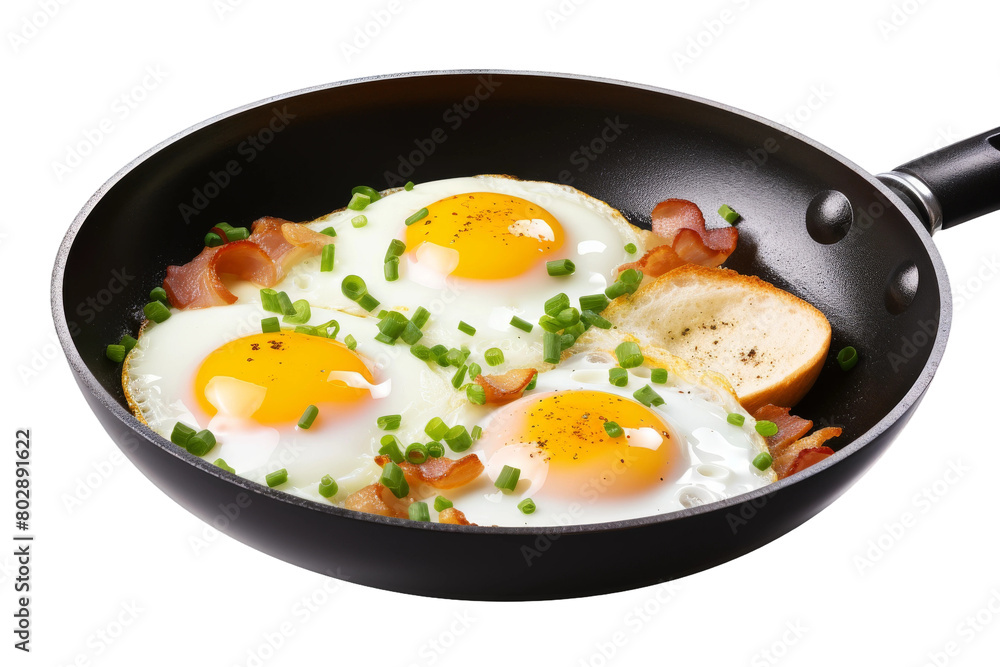 Sunnyside Symphony: Three Fried Eggs Dancing With Green Onions. On a White or Clear Surface PNG Transparent Background. Sunnyside Symphony: Three Fried Eggs Dancing With Green Onions. On a White or Clear Surface PNG Transparent Background.