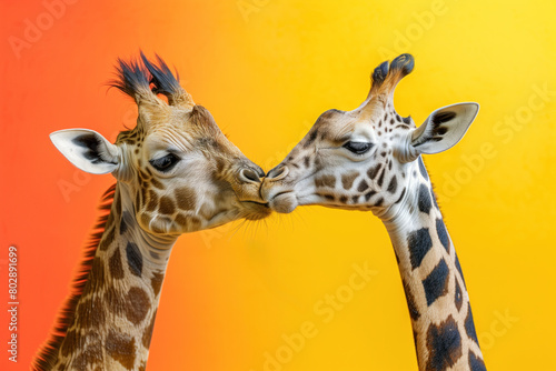 Two giraffes sharing a tender kiss against a vivid orange background.