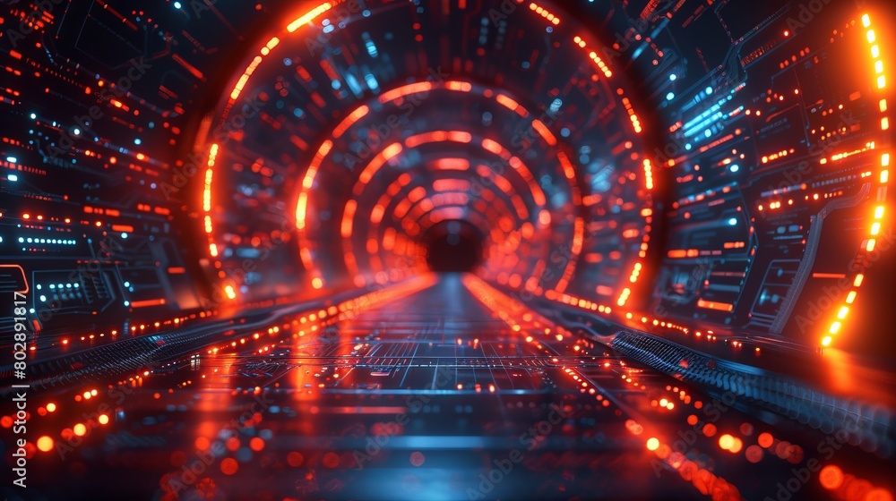 A 3D futuristic circuit background, designed as a motion graphic for abstract data centers, servers, and internet speed. Features display screens for tech titles and backgrounds.