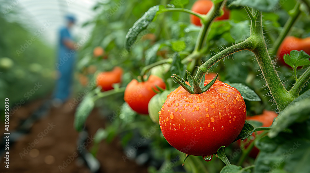 Farmer tending to fresh red tomatoes in a greenhouse, with focus on ripe tomato with water droplets ,generative ai