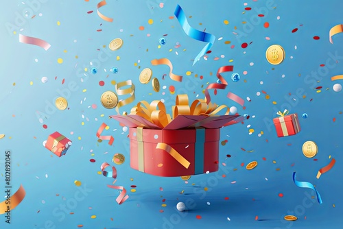 A red gift box sits amidst colorful confetti and streamers on a vibrant blue background. Generative AI