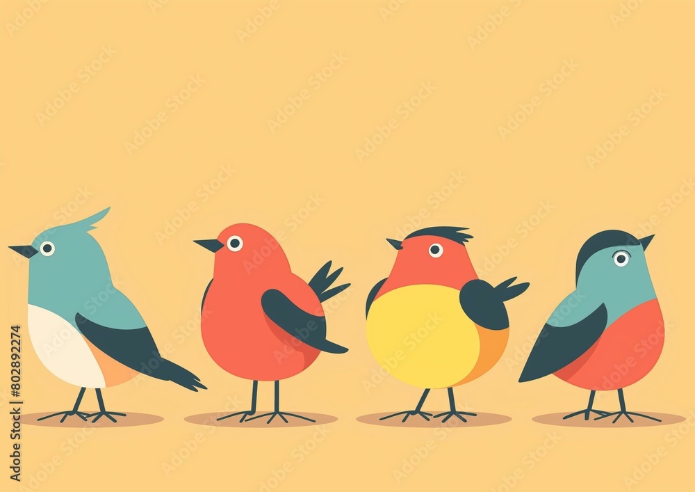 Colorful Cartoon Birds on Plain Background for Children's Illustrations