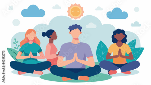 Attendees participating in a mindfulness exercise learning techniques for emotional regulation and selfcare for individuals with Aspergers.. Vector illustration © Justlight