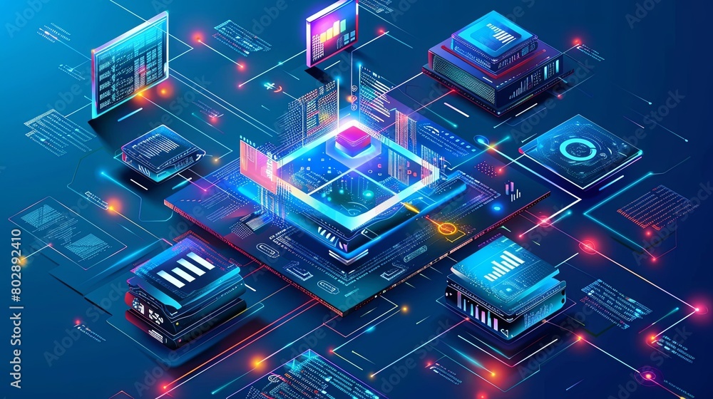 Isometric view of computer hardware and data systems with dynamic blue neon lights.