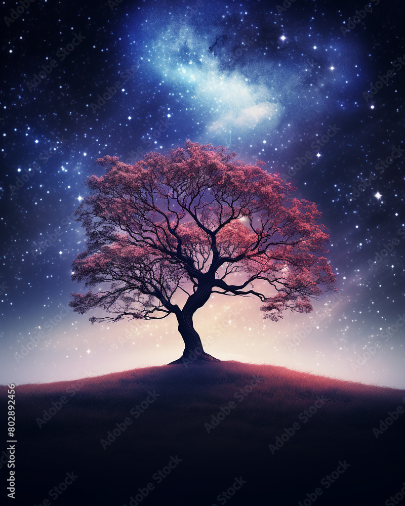 A mystical silhouette of a lone tree against a cosmos background filled with stardust, creating a surreal and enchanting night sky scene. A mystical silhouette of a lone tree against a cosmos background filled with stardust, creating a surreal and enchanting night sky scene.