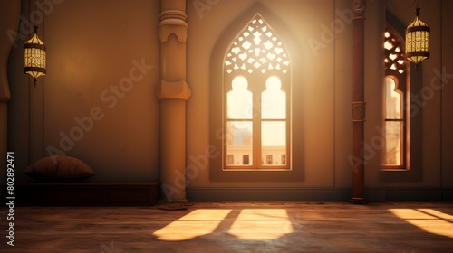 3d rendering of a mosque in the evening light with illuminated windows