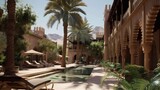 Desert oasis hotel with traditional architecture.