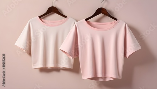 2 Set of pastel light pink beige woman loose cropped midriff tee t shirt round neck front, back and side view on transparent background cutout, PNG file. Mockup template for artwork graphic design photo