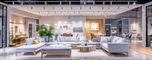 Modern living room interior with sleek furniture and stylish decor. Elegant contemporary home design. photo