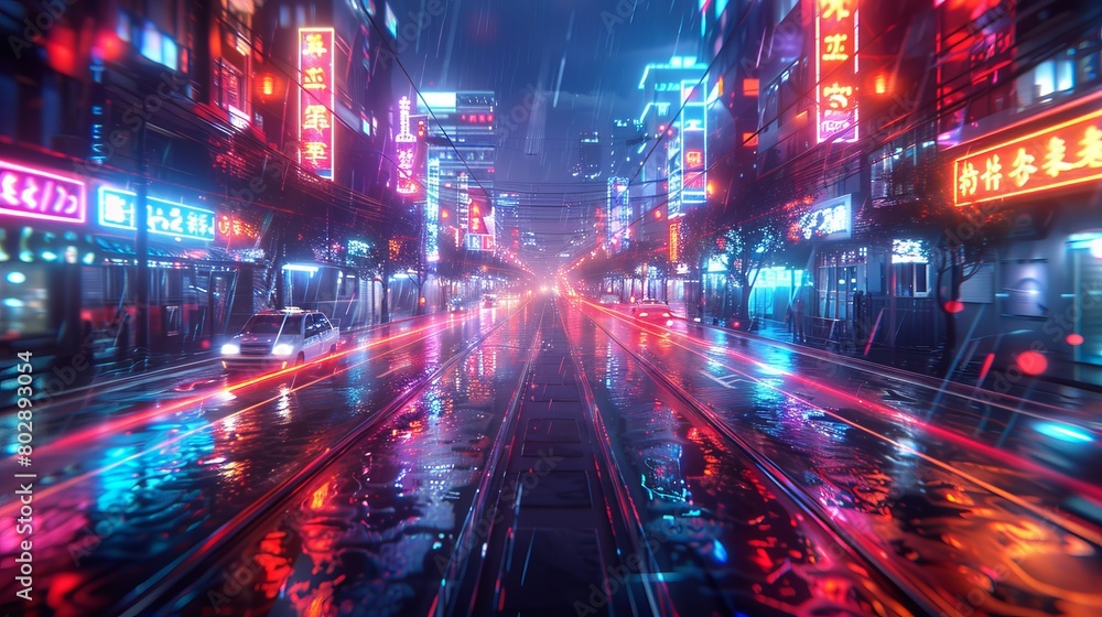 Futuristic city street with red and blue neon lights. Night scene. Urban landscape. Cyberpunk wallpaper. Industrial zone in a city of a future. Photorealistic 3d illustration
