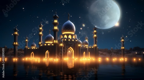 Illustration of the mosque at night with full moon. Ramadan Kareem background