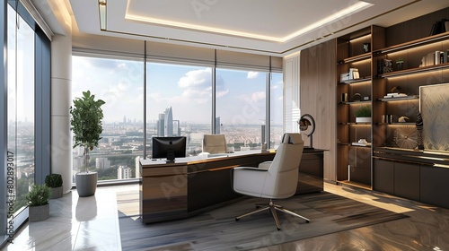 Executive office corner office with a panoramic city view and modern decor. © farhan