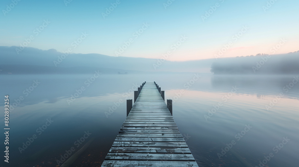 Obraz premium Wooden Pier Extend Into A Calm Blue With Green Hue Coloured Lake. Mountain Surrounded The Lake Giving A Beautiful Nature View