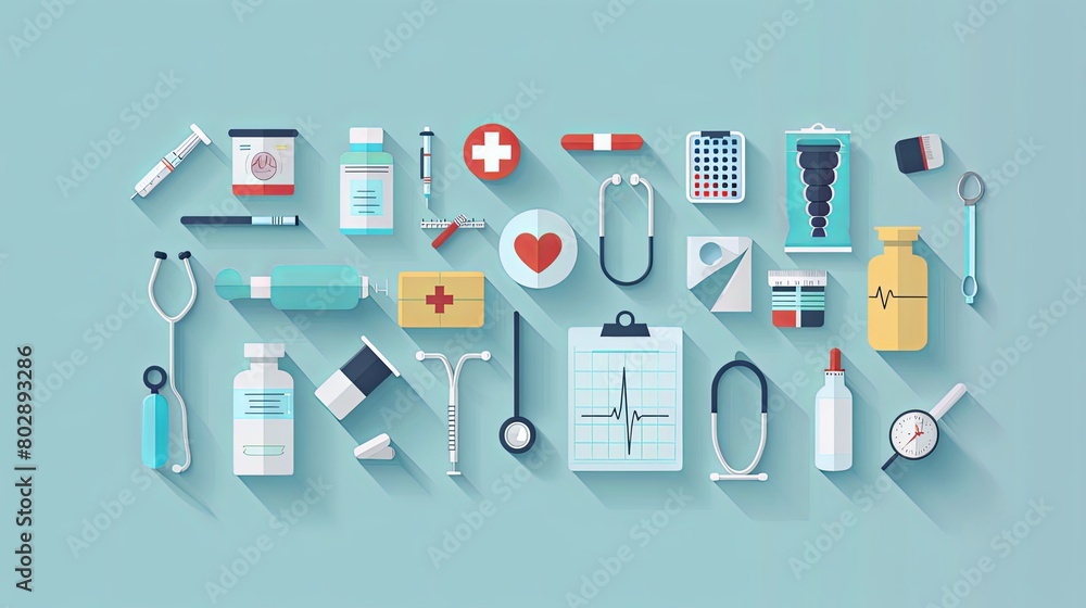 Medical equipment and healthcare tools arranged in a flat lay composition on a teal background