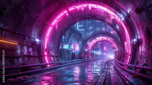 A futuristic city street begins with a tunnel illuminated by purple neon lights. This photorealistic 3D illustration depicts a night scene in a city of the future, featuring cyberpunk aesthetics.