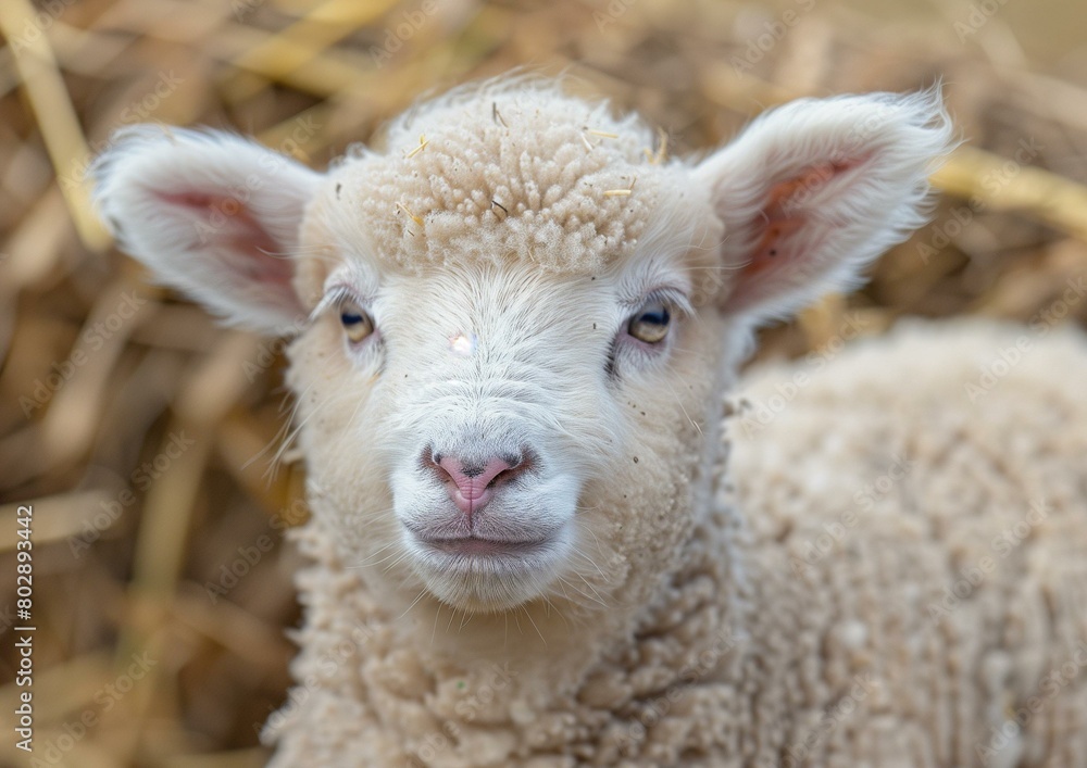 Adorable Young Lamb Portrait on Farm, Cute Sheep Close-up with Fleece