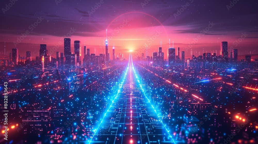 A futuristic night cityscape against a dark background, highlighted by bright neon blue lights. This wide city front perspective view is rendered in cyberpunk and retro wave styles.