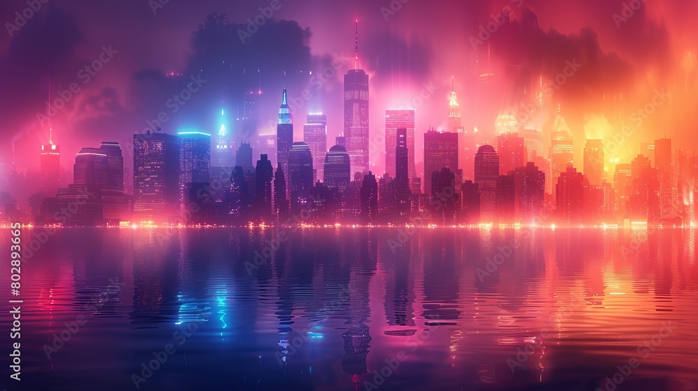 A futuristic night cityscape set against a colorful backdrop with vibrant neon lights. This wide city front perspective view is illustrated in the cyberpunk and retro wave styles. A futuristic night cityscape set against a colorful backdrop with vibrant neon lights. This wide city front perspective view is illustrated in the cyberpunk and retro wave styles.