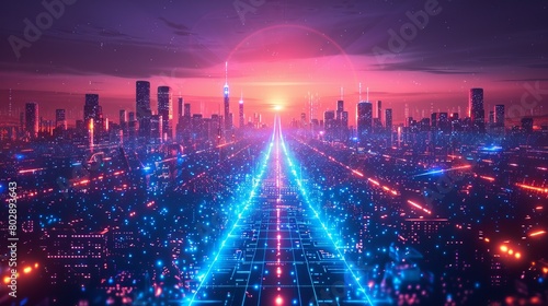A futuristic night cityscape against a dark background, highlighted by bright neon blue lights. This wide city front perspective view is rendered in cyberpunk and retro wave styles.