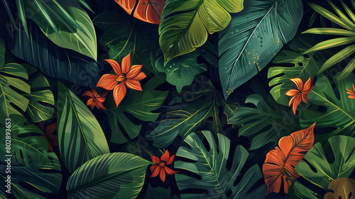 Wallpaper Mural various tropical leaves purple green and Monstera leaves luxury exotic pattern illustration Torontodigital.ca