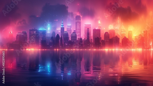 A futuristic night cityscape set against a colorful backdrop with vibrant neon lights. This wide city front perspective view is illustrated in the cyberpunk and retro wave styles. © Khalida