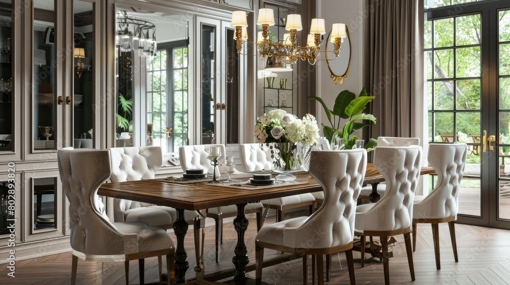3D rendering of elegant dining room with wooden table and stylish chairs