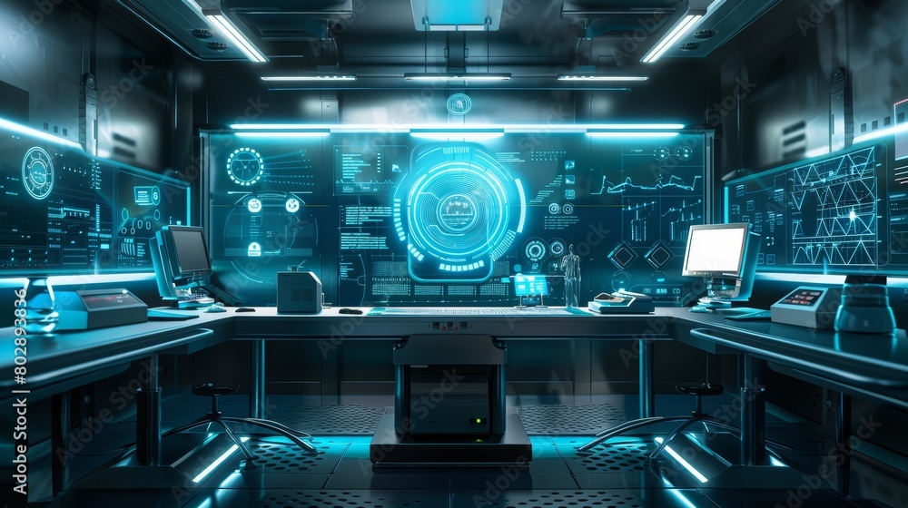 Futuristic technology lab with advanced interface design and interactive screens