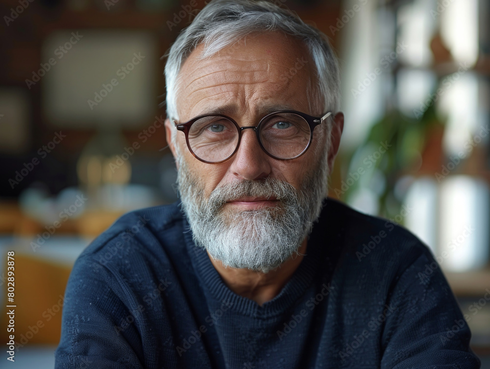 Senior man with glasses smiling in a cozy café setting Senior man with glasses smiling in a cozy café setting