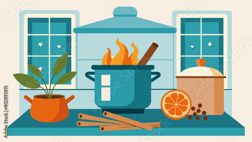 The scent of cinnamon and clove wafting through a kitchen as a pot of potpourri simmers on the stove creating a cozy and inviting ambiance..