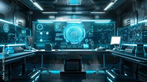 Futuristic technology lab with advanced interface design and interactive screens