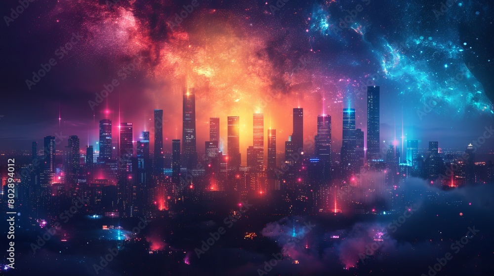 A futuristic night cityscape set against a colorful backdrop with vibrant neon lights. This wide city front perspective view is illustrated in the cyberpunk and retro wave styles. A futuristic night cityscape set against a colorful backdrop with vibrant neon lights. This wide city front perspective view is illustrated in the cyberpunk and retro wave styles.