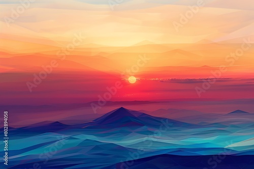 Geometric sunrise with a vibrant gradient over a serene landscape