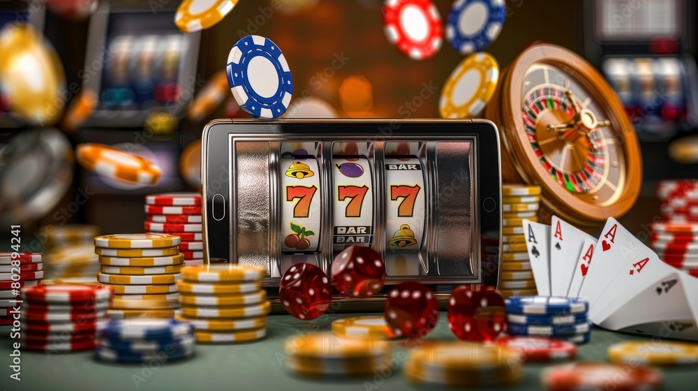 Banner for an online mobile casino. Slot machine banner in mobile phone. Golden realistic coins, playing card,dice.Vector gambling illustration.