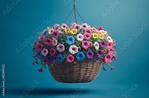 a hanging basket filled with colorful petunias