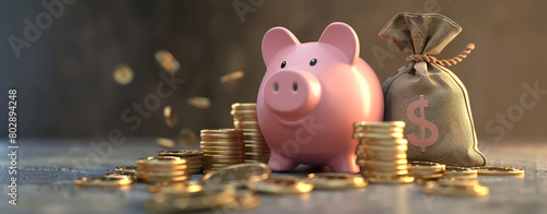 A pink piggy bank stands next to gold coins and a money bag on a gray background
