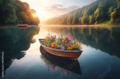 a small boat floating on a lake, filled with wild flowers
