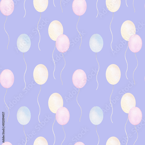 Watercolor seamless pattern with balloons. Hand drawn print with pastel balloons in pink, blue and yellow. Festive, birthday, party. Packaging design and decoration, childish style, cute and delicate.