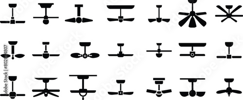 Set of Celling fan icons Fill styles. Air Fan vectors illustration signs. Celling fan icons clipart avatar logotype symbols to cool the room and circulate the air isolated on transparent background.